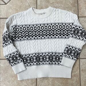 LOFT White Cable Knit Sweater with Black Patterns